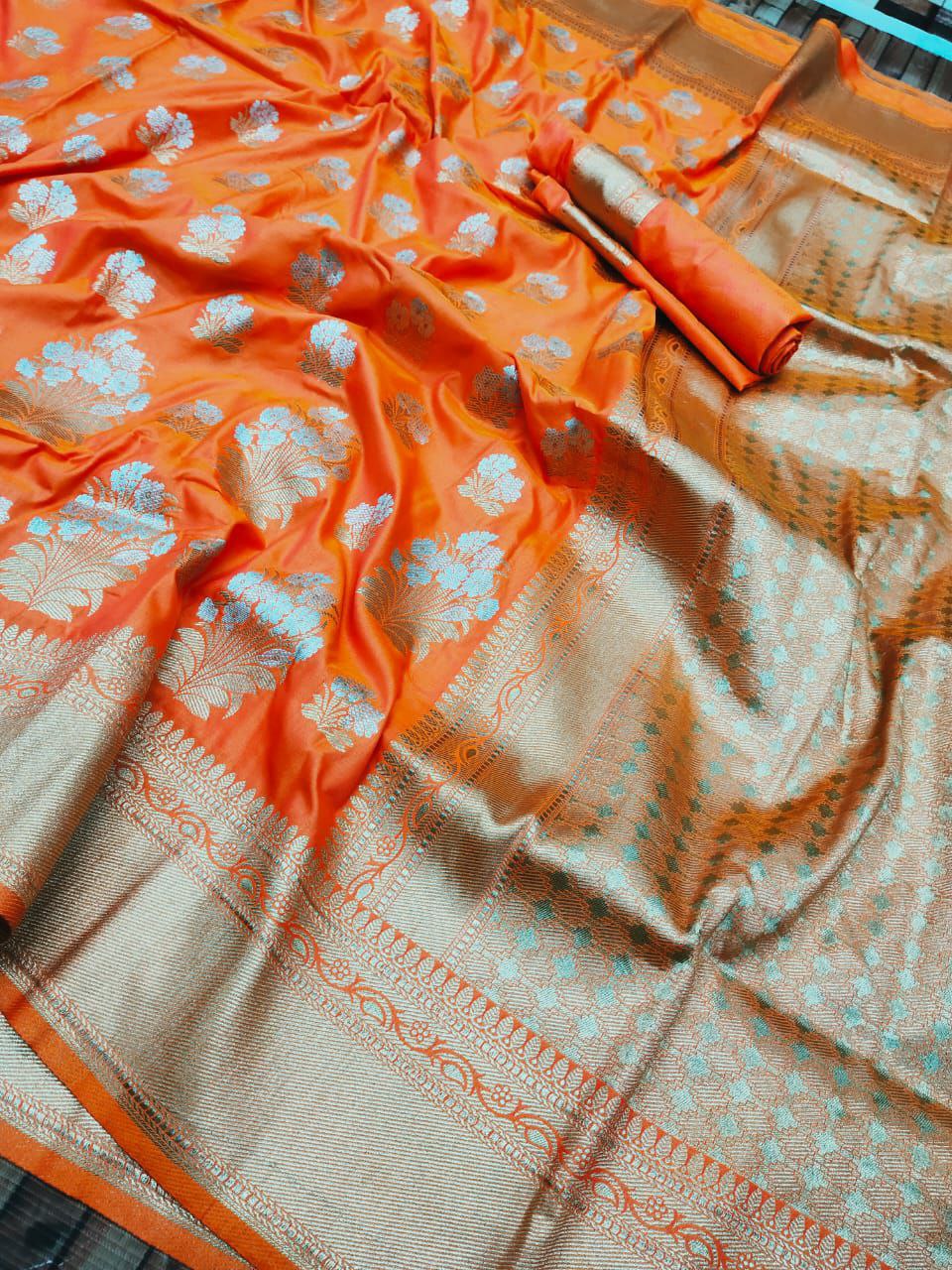 Enchanting Orange Kanjivaram Silk With Seraglio Blouse Piece