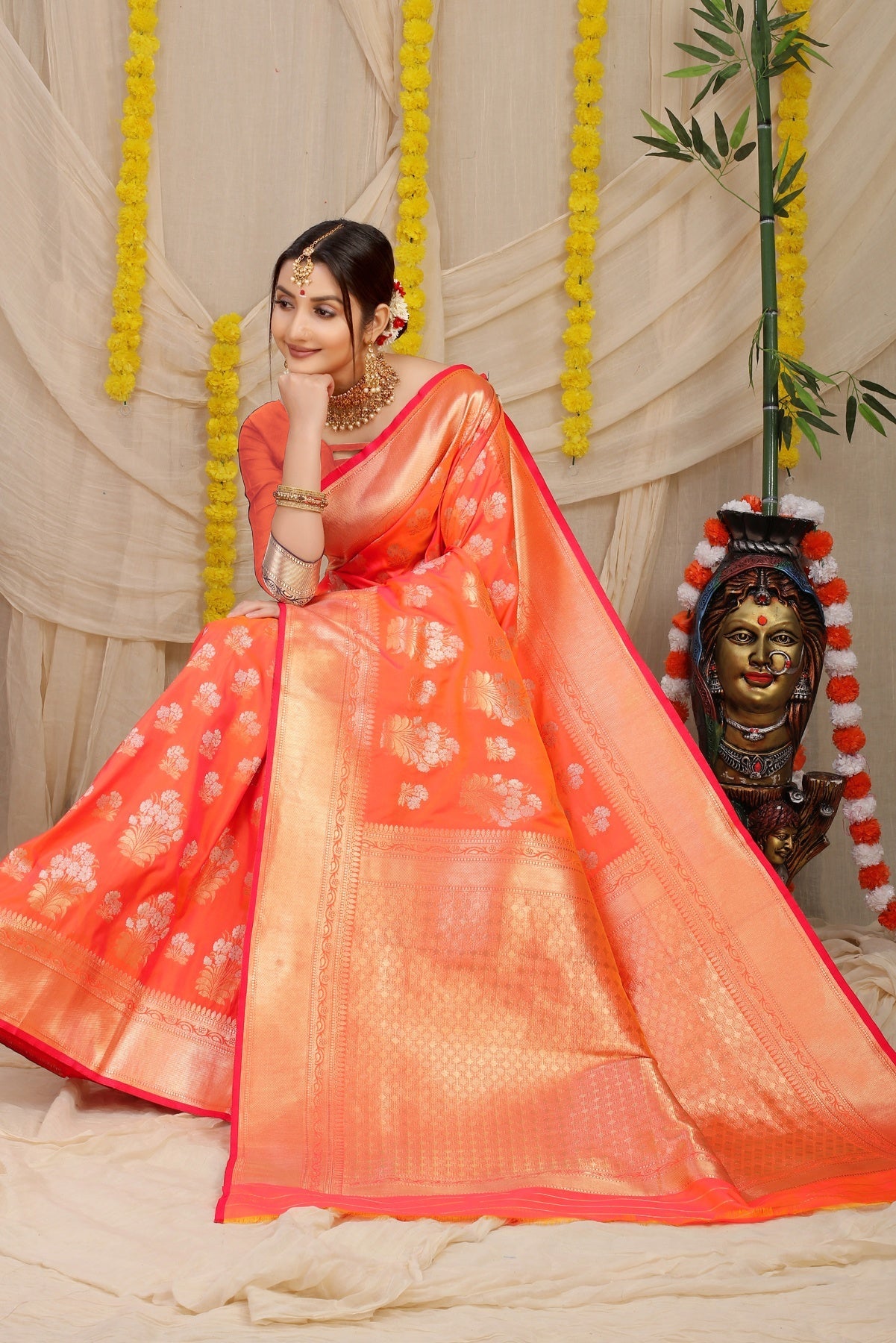 Enchanting Orange Kanjivaram Silk With Seraglio Blouse Piece