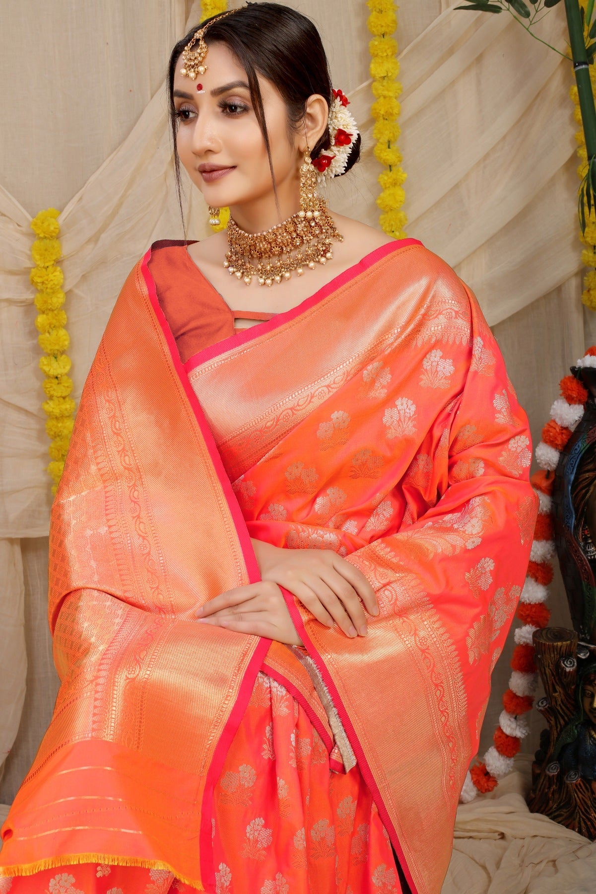 Enchanting Orange Kanjivaram Silk With Seraglio Blouse Piece
