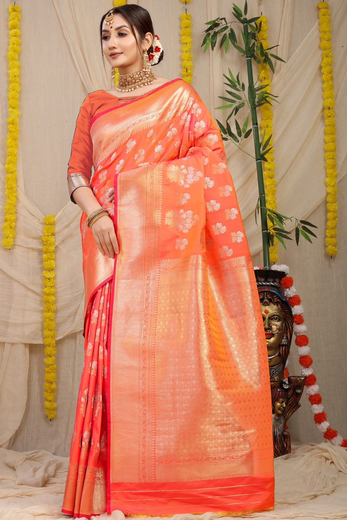 Enchanting Orange Kanjivaram Silk With Seraglio Blouse Piece