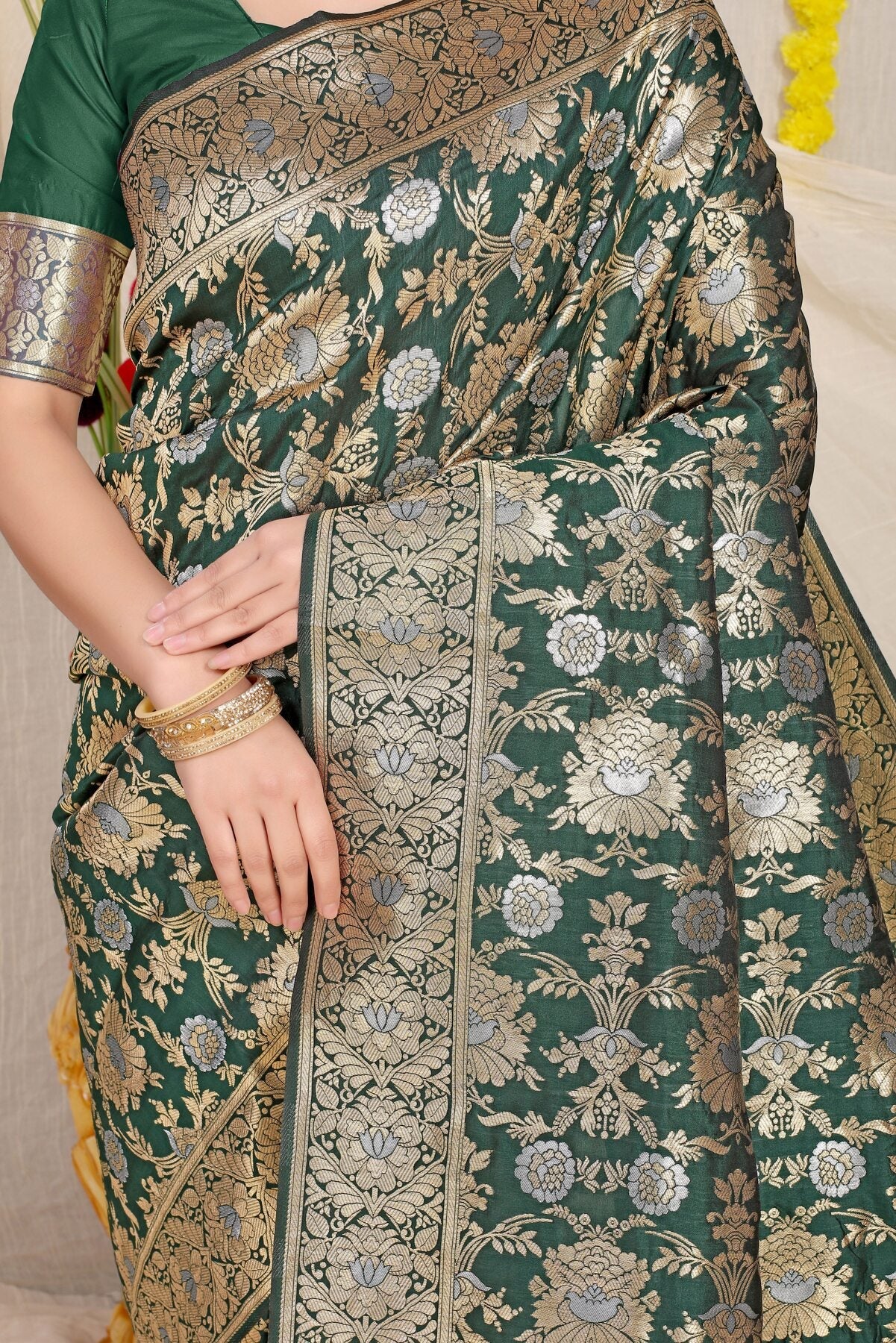 Refreshing Dark Green Banarasi Silk Saree With Fairytale Blouse Piece