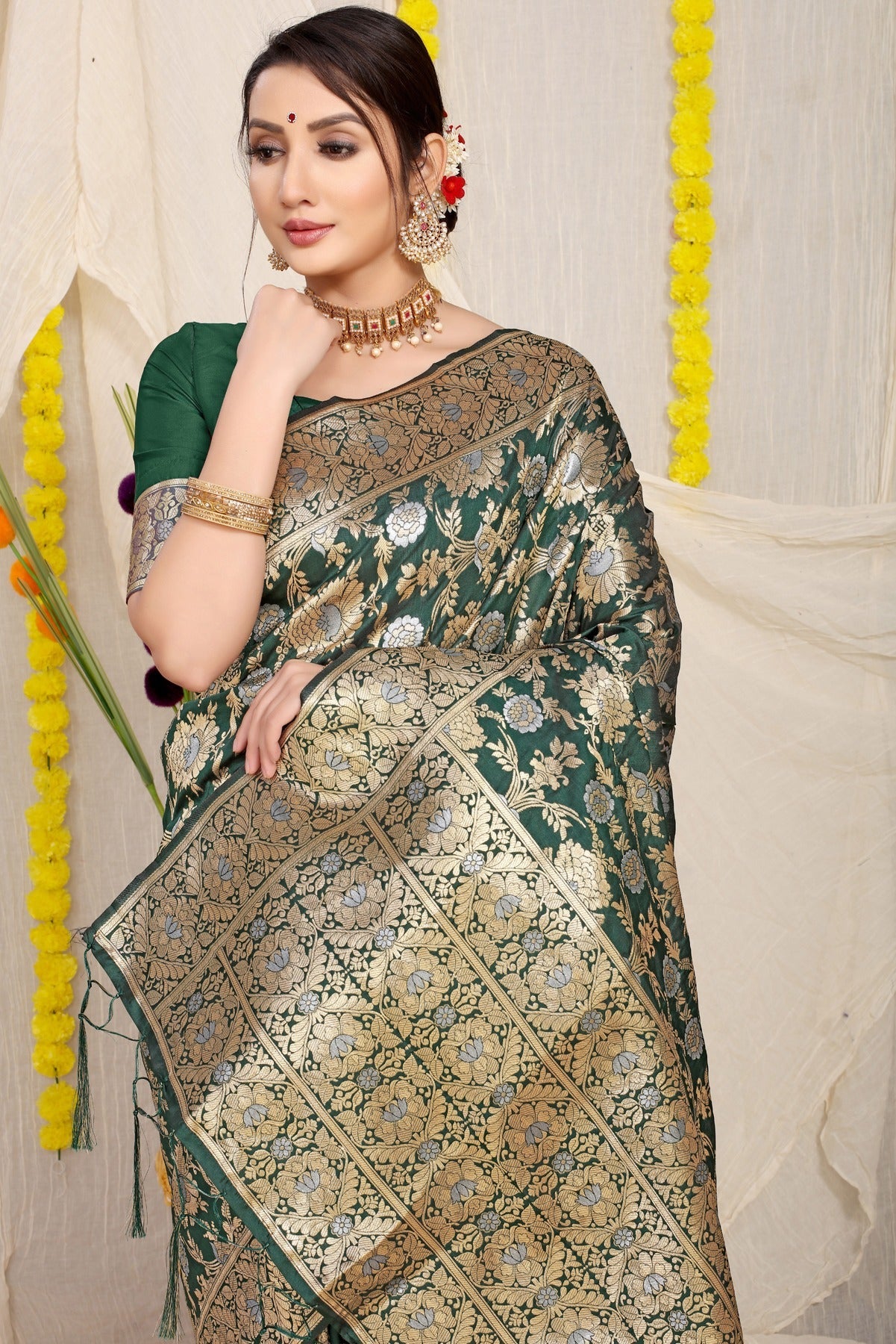 Refreshing Dark Green Banarasi Silk Saree With Fairytale Blouse Piece