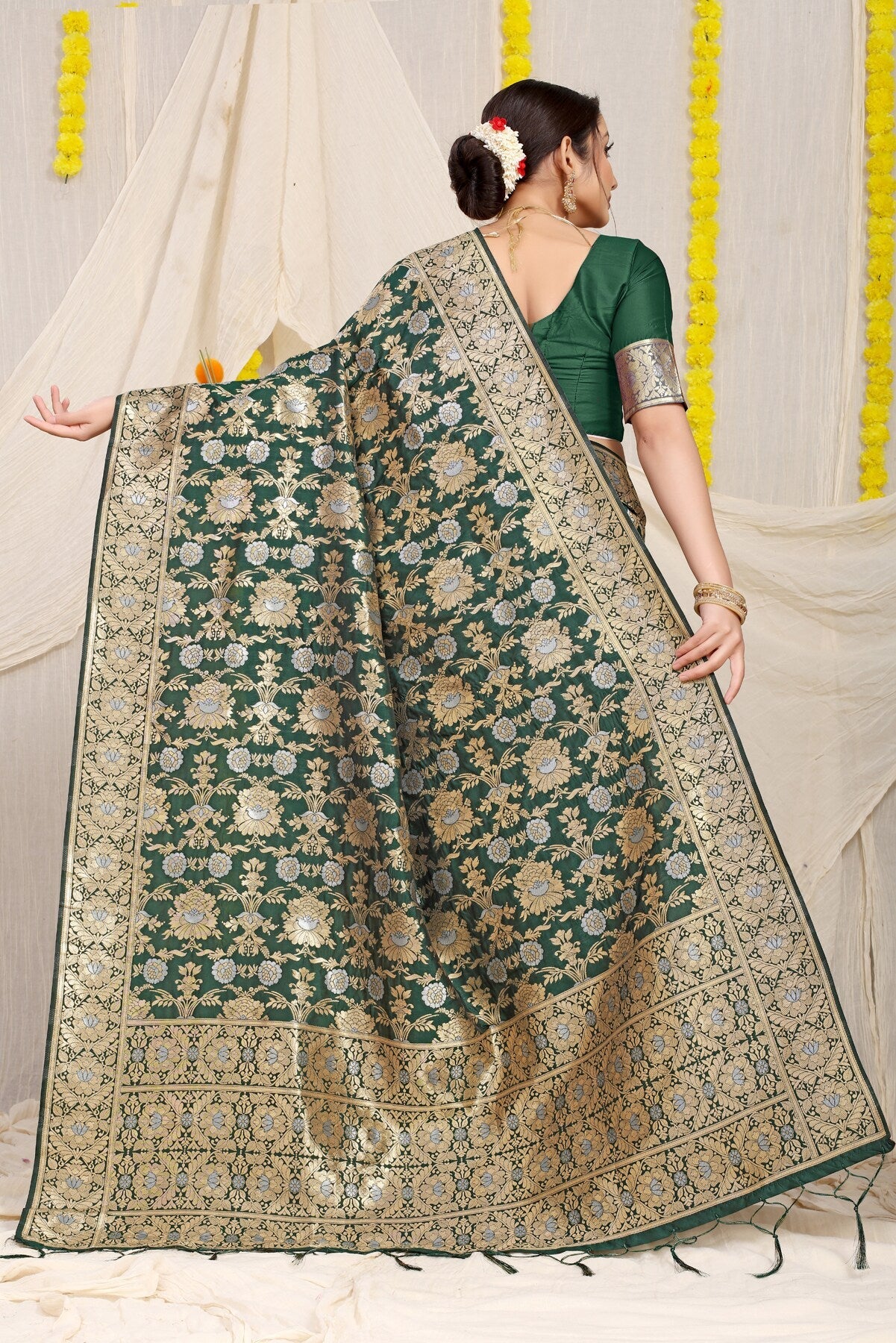 Refreshing Dark Green Banarasi Silk Saree With Fairytale Blouse Piece