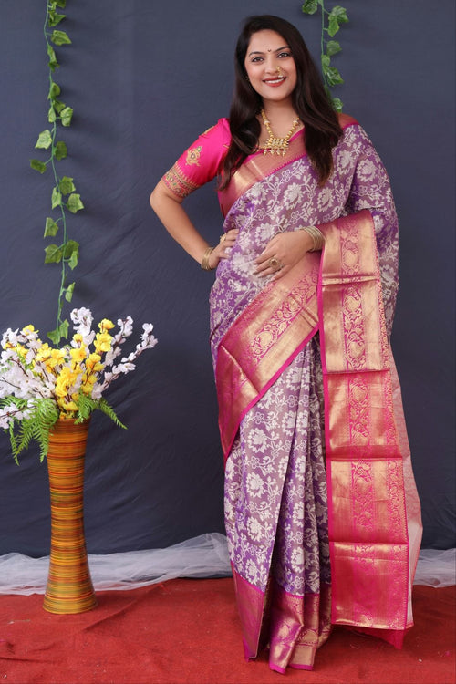 Profuse Purple Kanjivaram Silk With Magnificat Blouse Piece