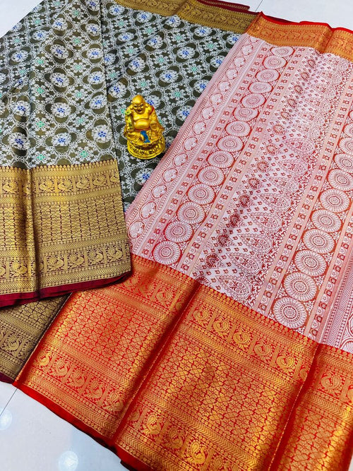 Ebullience Mehndi Kanjivaram Silk and Angelic Blouse Piece