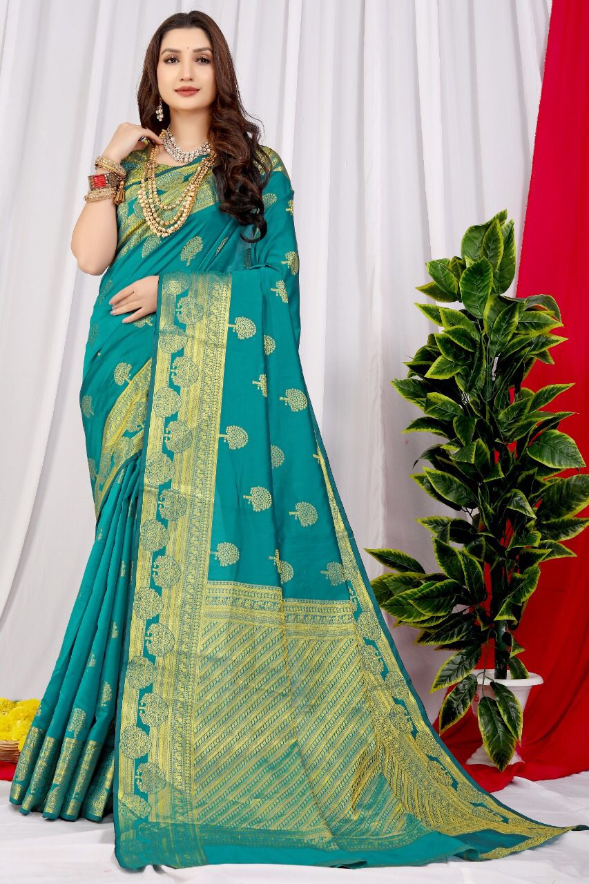Wonderful Firozi Soft Banarasi Silk Saree With Supernal Blouse Piece