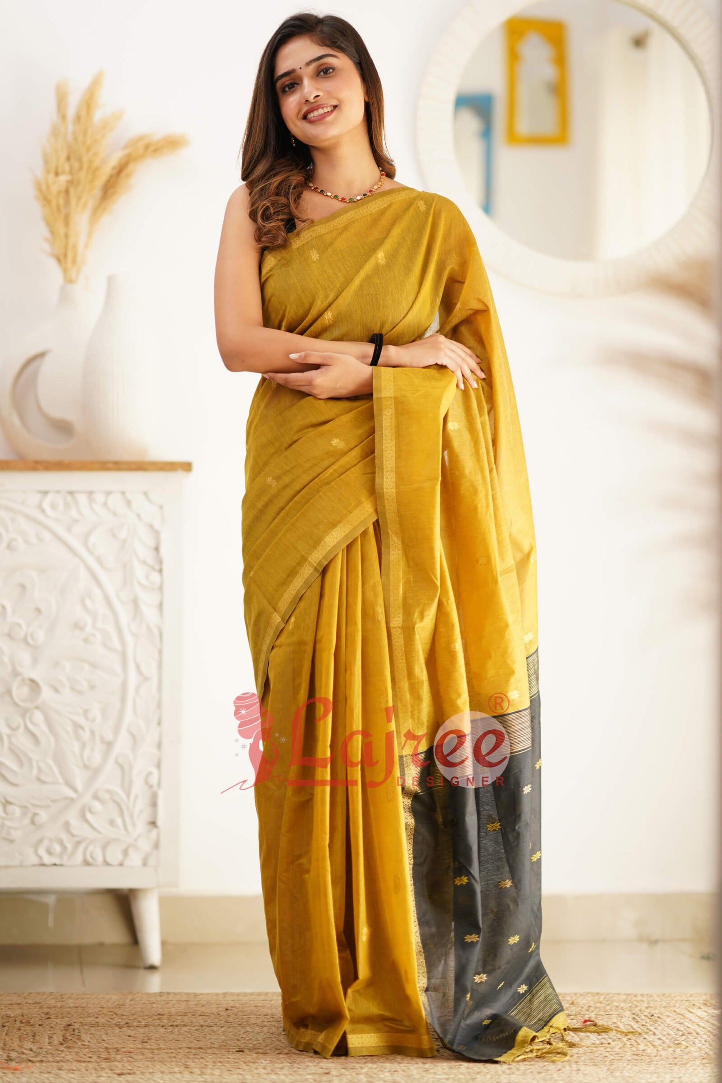 Glowing Mehndi Cotton Silk Saree With Attractive Blouse Piece