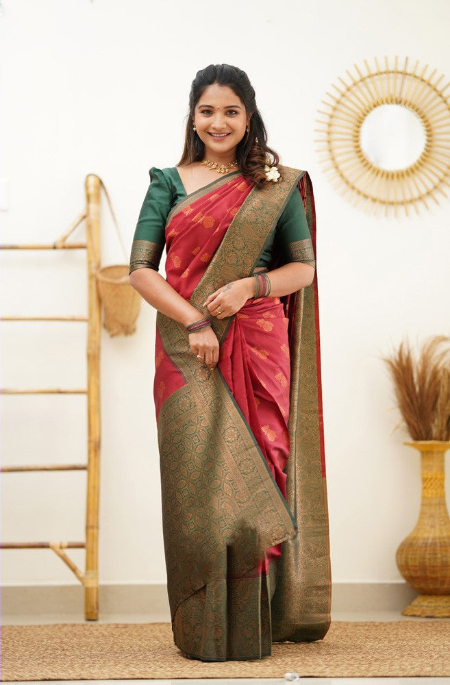 Elision Maroon Soft Silk Saree With Lassitude Blouse Piece