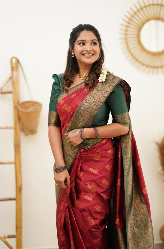 Elision Maroon Soft Silk Saree With Lassitude Blouse Piece