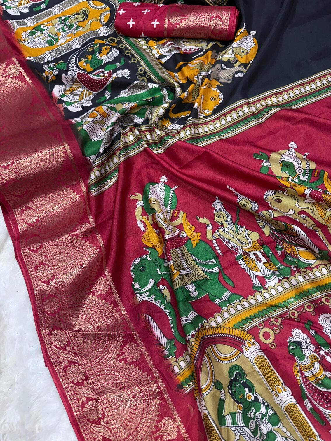 Classy Black Digital Printed Dola Silk Saree With Lovely Blouse Piece