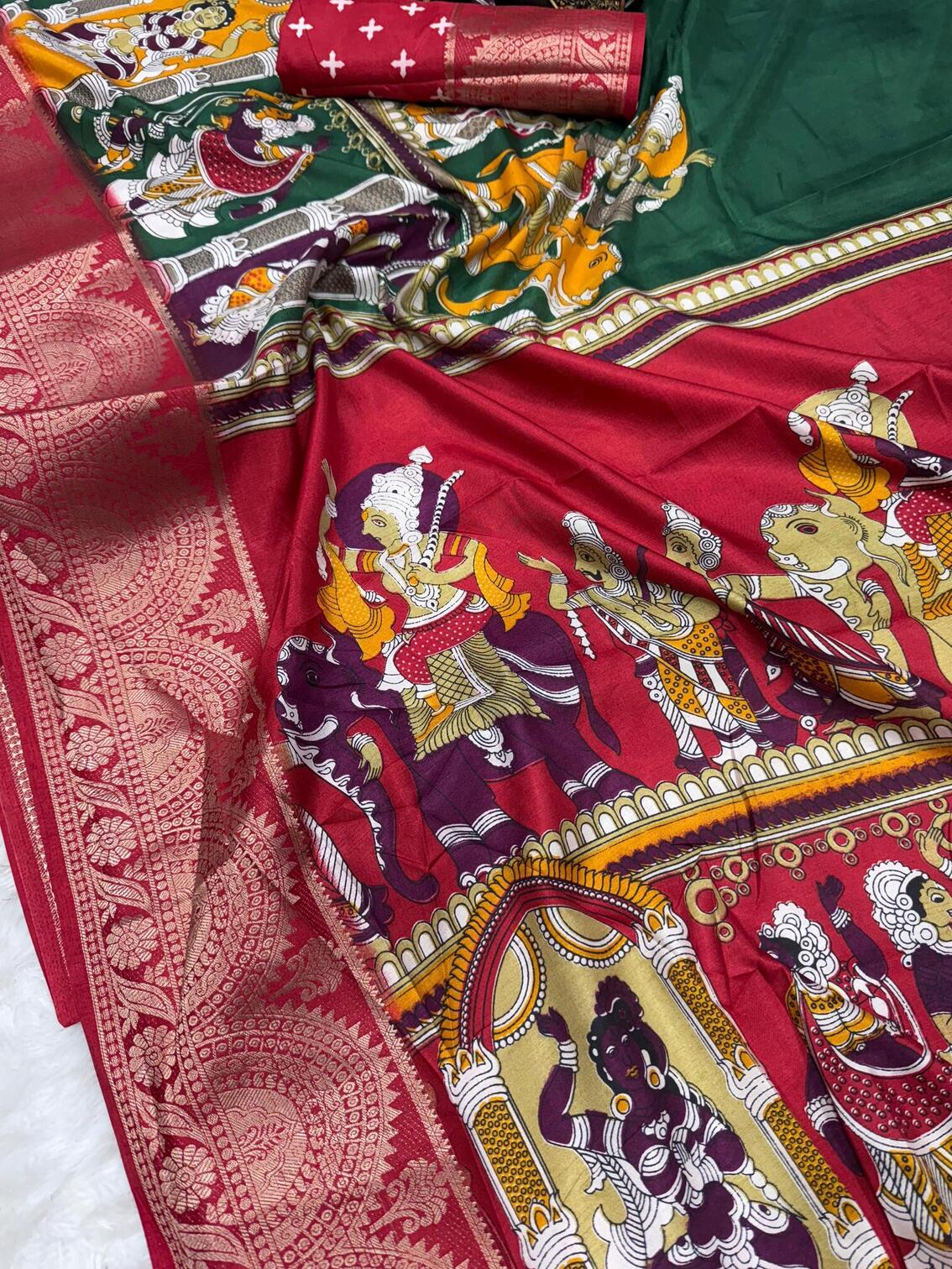 Gorgeous Dark Green Digital Printed Dola Silk Saree With Dazzling Blouse Piece