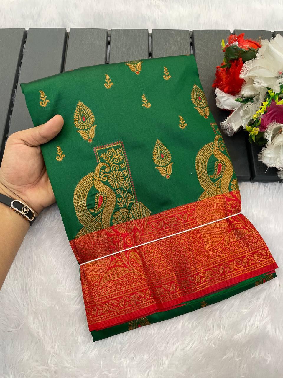 Demesne Dark Green Soft Banarasi Silk Saree With Effervescent Blouse Piece