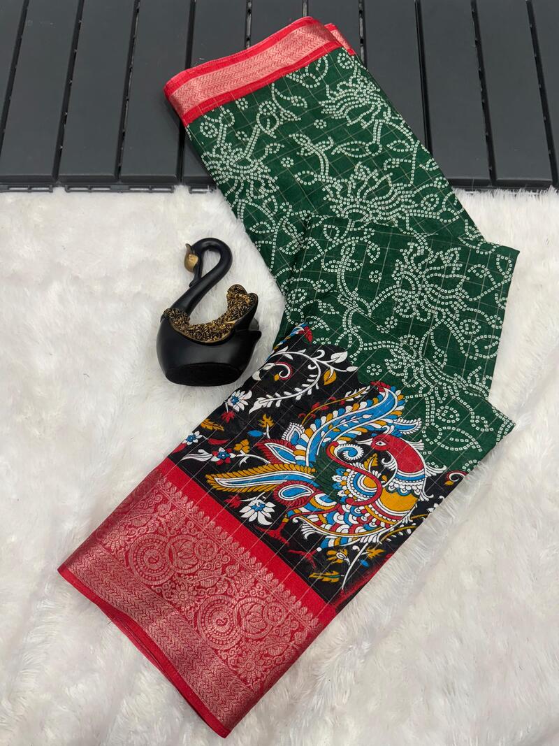 Engrossing Dark Green Digital Printed Dola Silk Saree With Preferable Blouse Piece