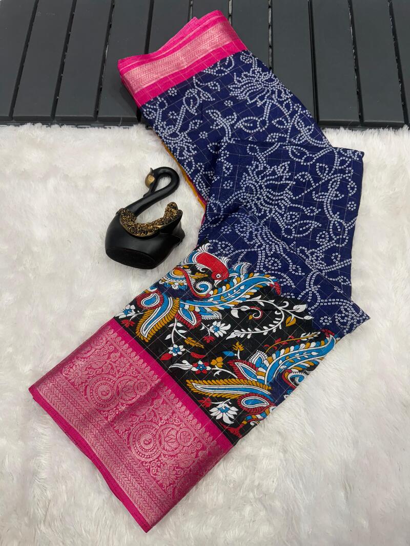 Effervescent Navy Blue Digital Printed Dola Silk Saree With Fugacious Blouse Piece