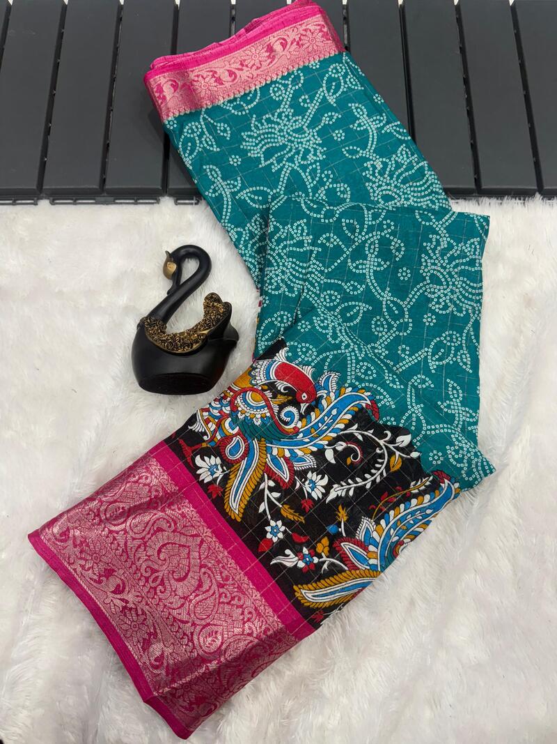 Unequalled Rama Digital Printed Dola Silk Saree With Panache Blouse Piece