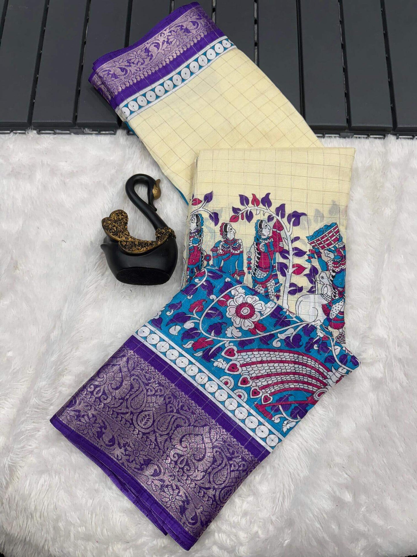 Hypnotic Beige Digital Printed Dola Silk Saree With Mesmeric Blouse Piece