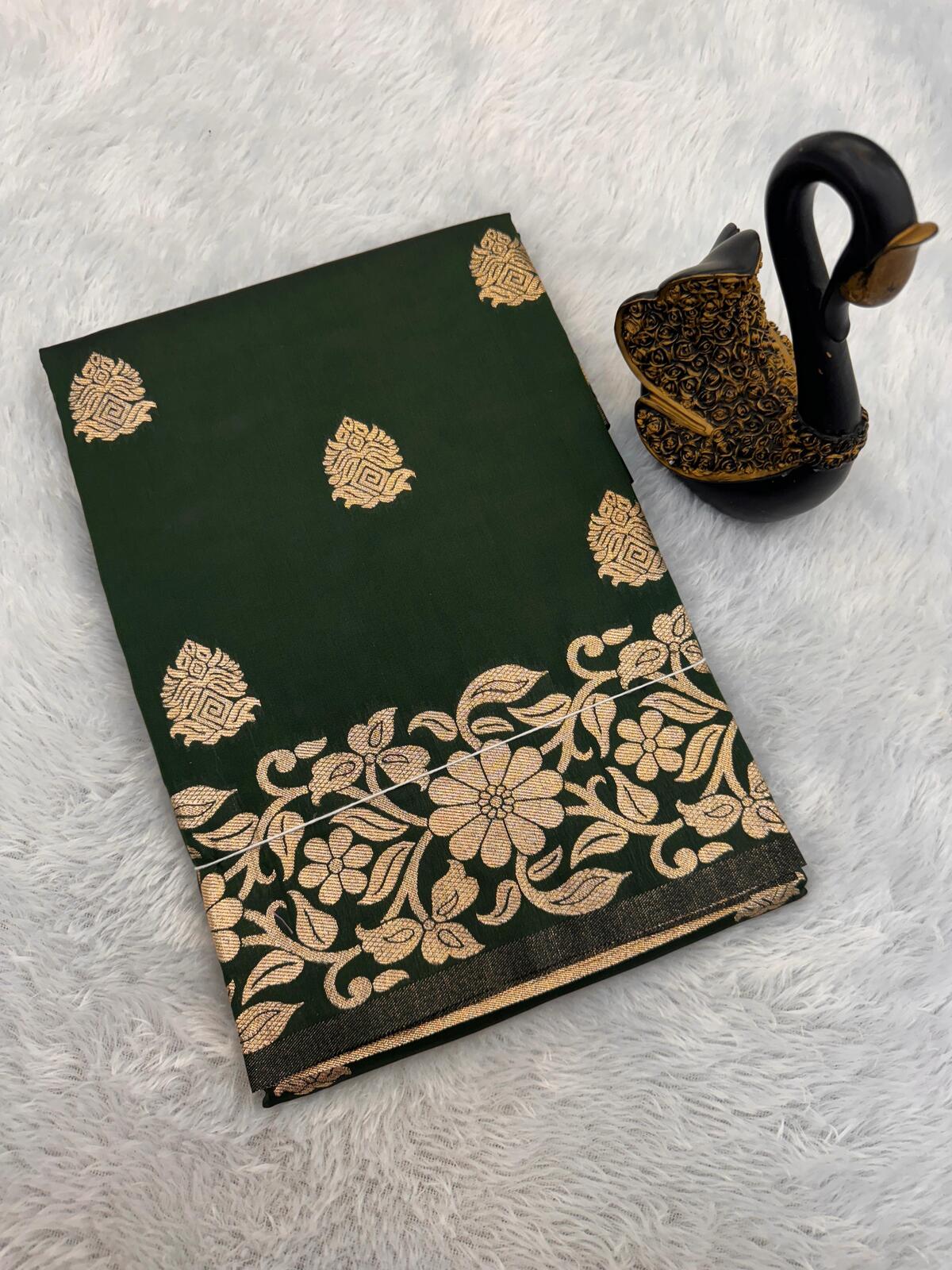 Radiant Dark Green Soft Banarasi Silk Saree With Exquisite Blouse Piece