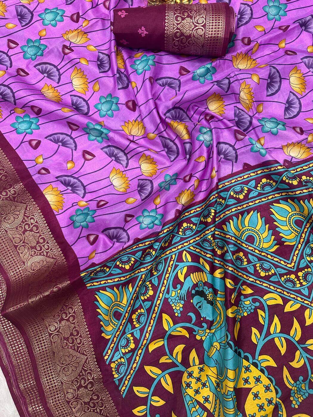 Glowing Lavender Digital Printed Dola Silk Saree With Incredible Blouse Piece