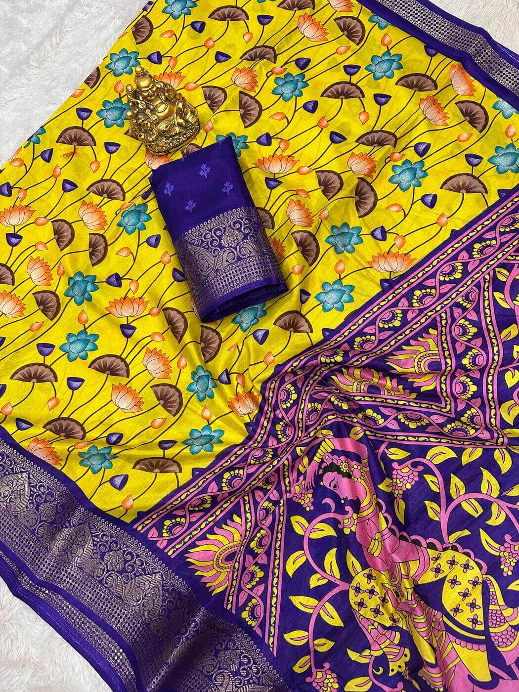 Delectable Yellow Digital Printed Dola Silk Saree With Glorious Blouse Piece