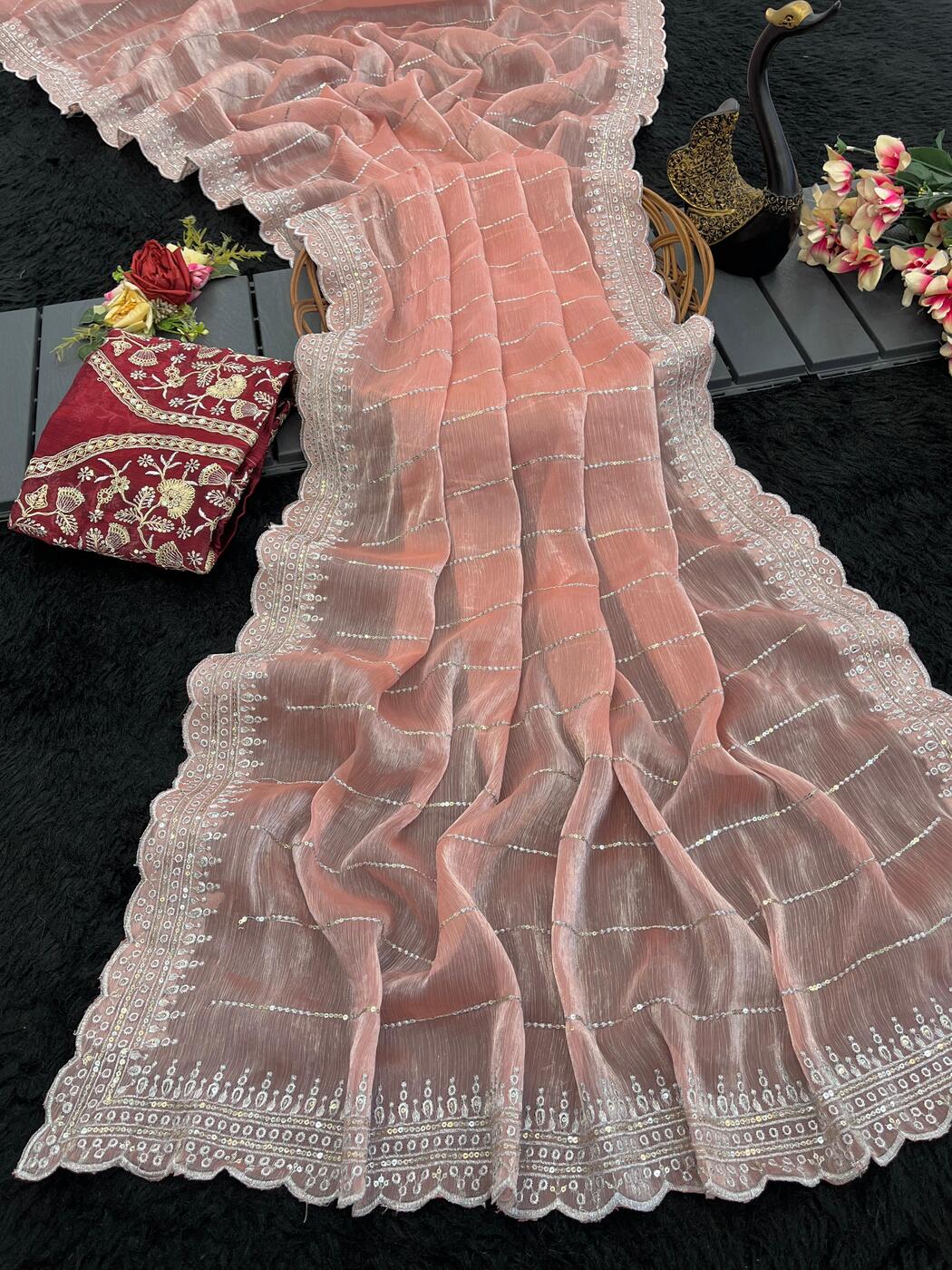 Sumptuous Peach Embroidery Work Organza Silk Saree With Designer Blouse Piece