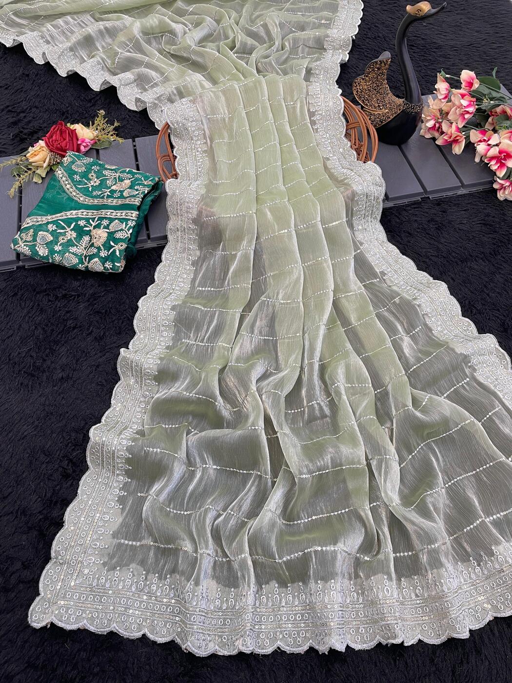 Sophisticated Pista Embroidery Work Organza Silk Saree With Magnificat Blouse Piece