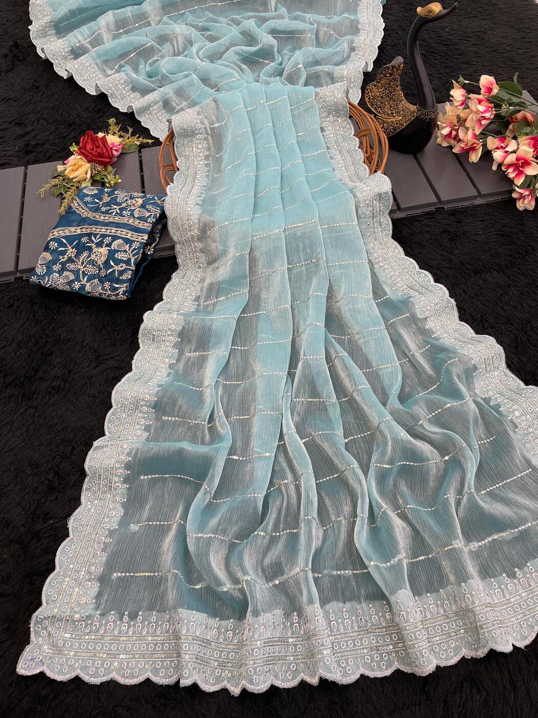 Divine Sky Embroidery Work Organza Silk Saree With Fugacious Blouse Piece