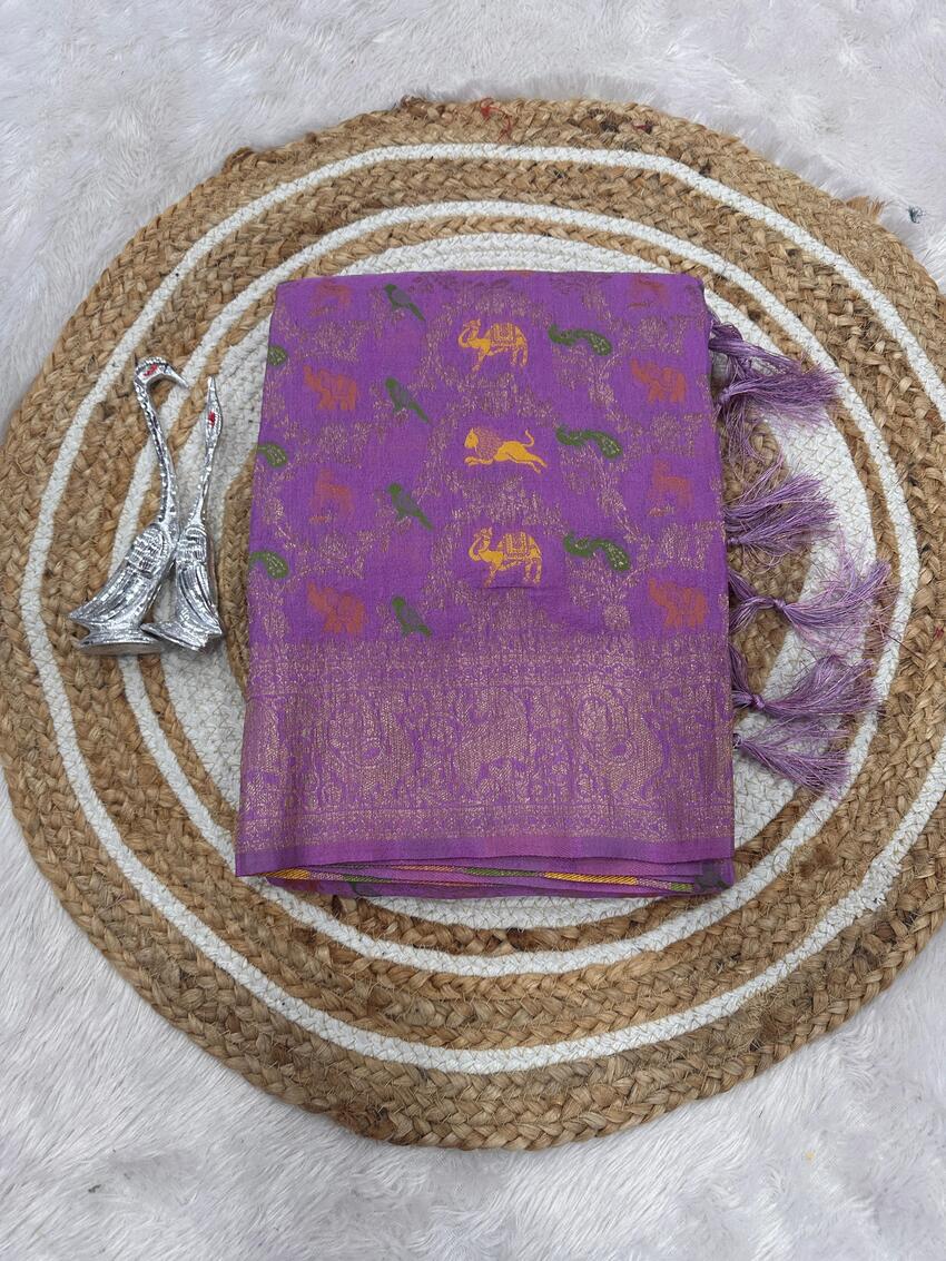 Lissome Lavender Soft Banarasi Silk Saree With Prominent Blouse Piece