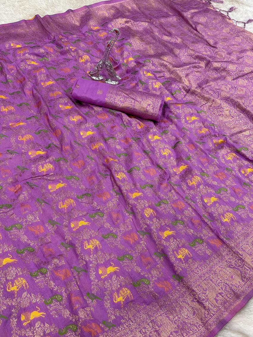 Lissome Lavender Soft Banarasi Silk Saree With Prominent Blouse Piece