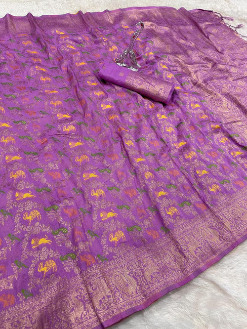 Lissome Lavender Soft Banarasi Silk Saree With Prominent Blouse Piece