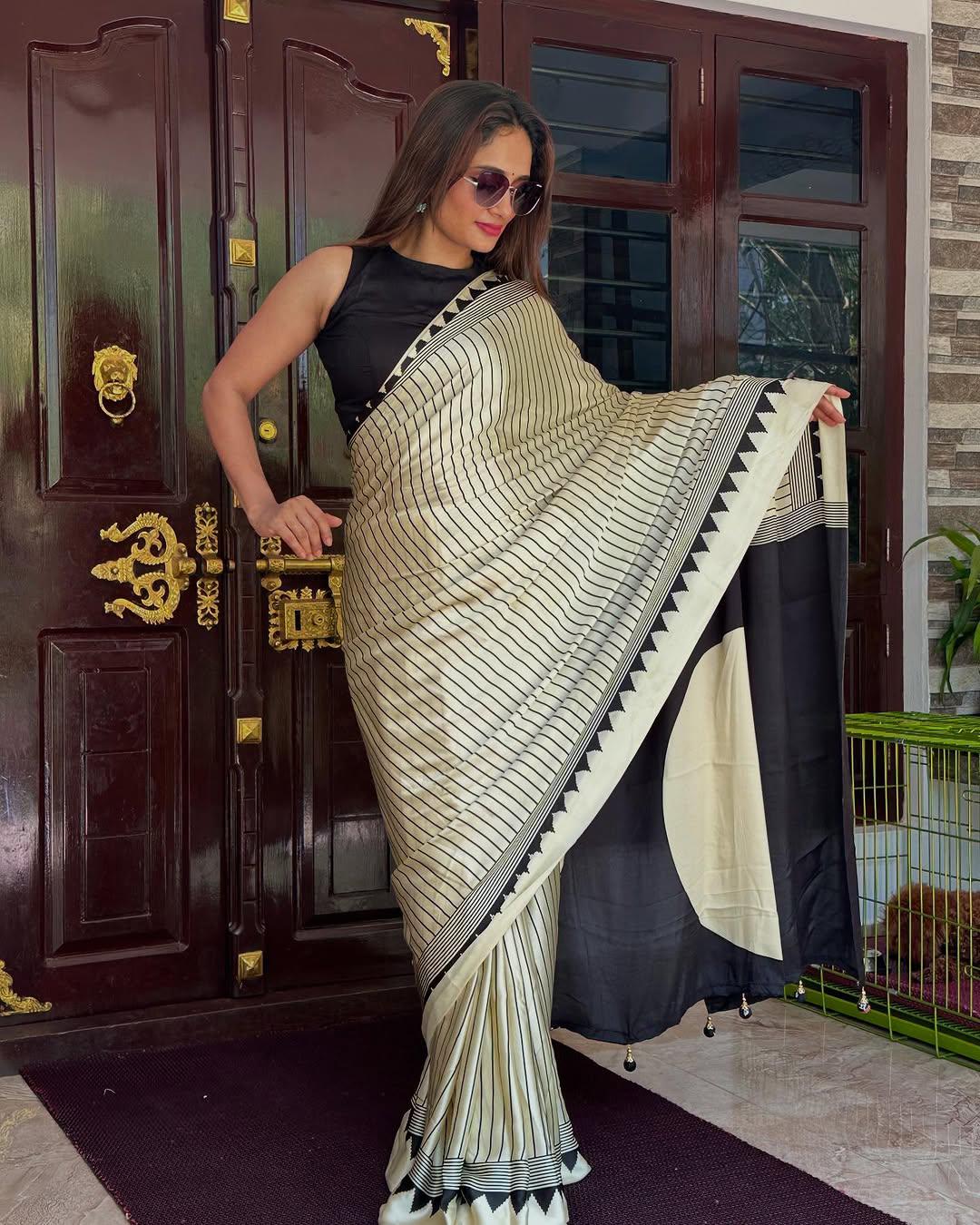 Diaphanous Beige Digital Printed Crape Silk Saree With Nectarous Blouse Piece