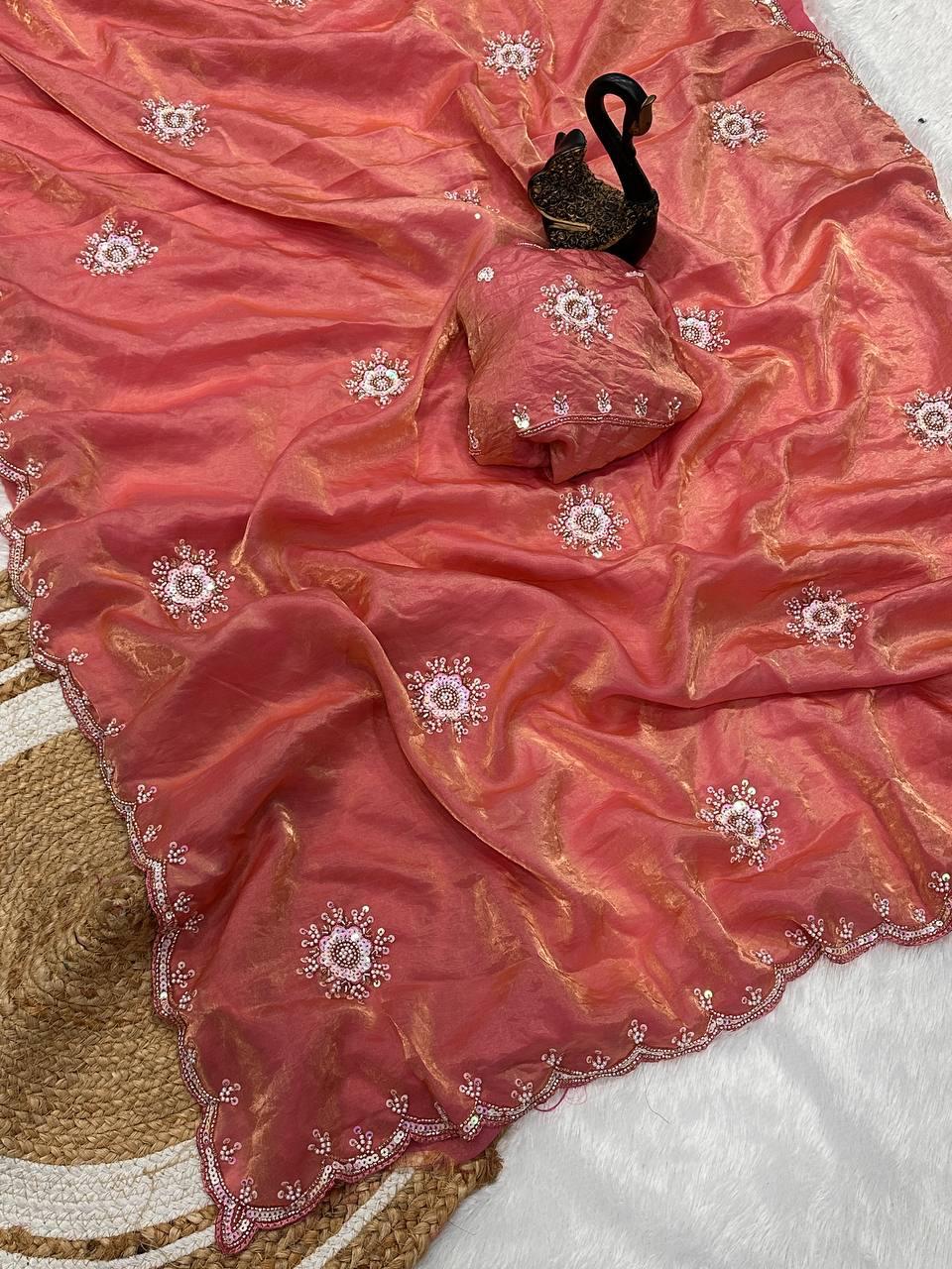 Scintilla Pink Sequence Work Fandy Silk Saree With Eloquence Blouse Piece