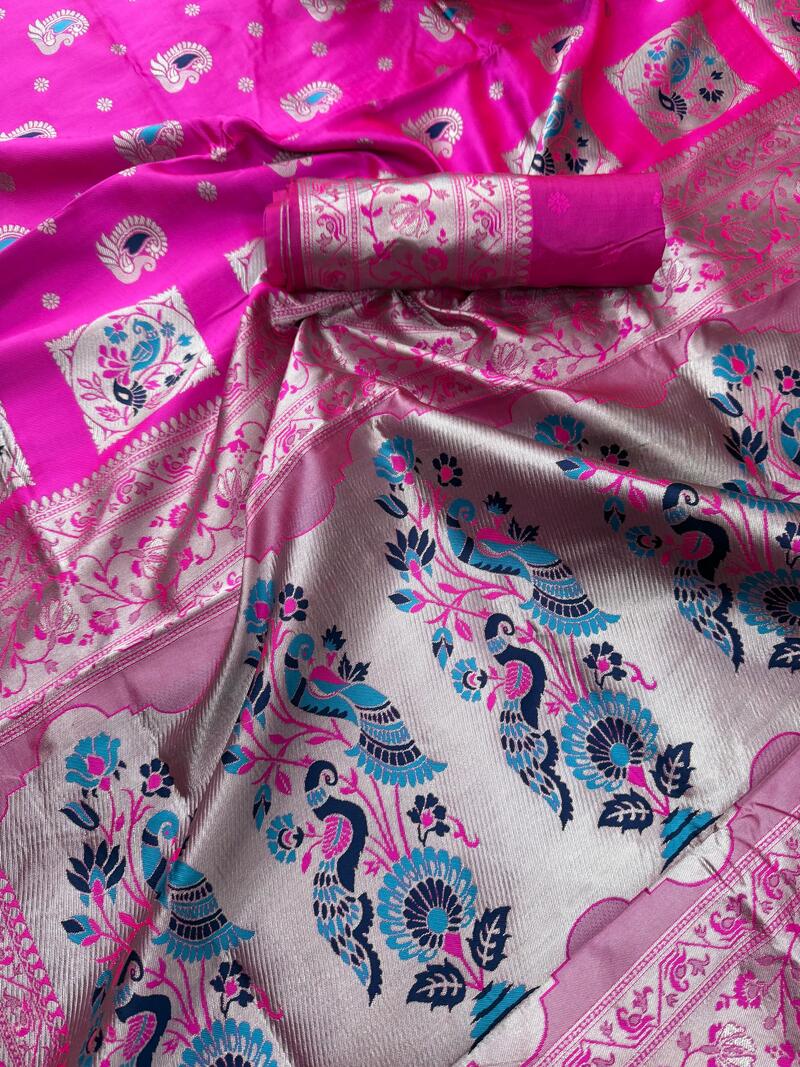 Confounding Dark Pink Paithani Silk Saree With Lustrous Blouse Piece