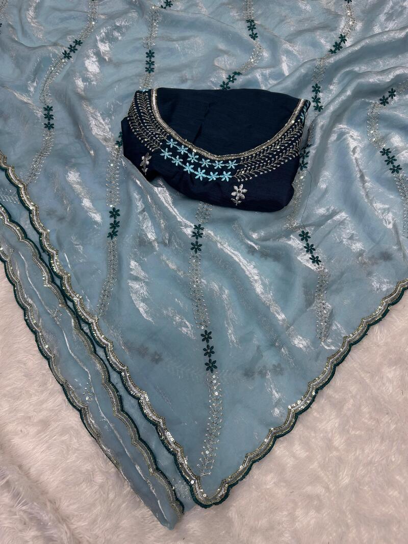 Ravishing Sky Sequence Work Fandy Silk Saree With Gorgeous Blouse Piece