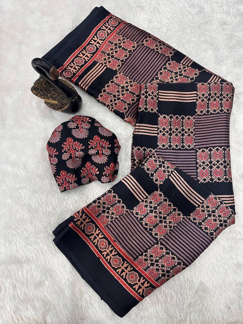 Evocative Black Ajrakh Printed Gajji Soft Silk Saree With Posh Blouse Piece