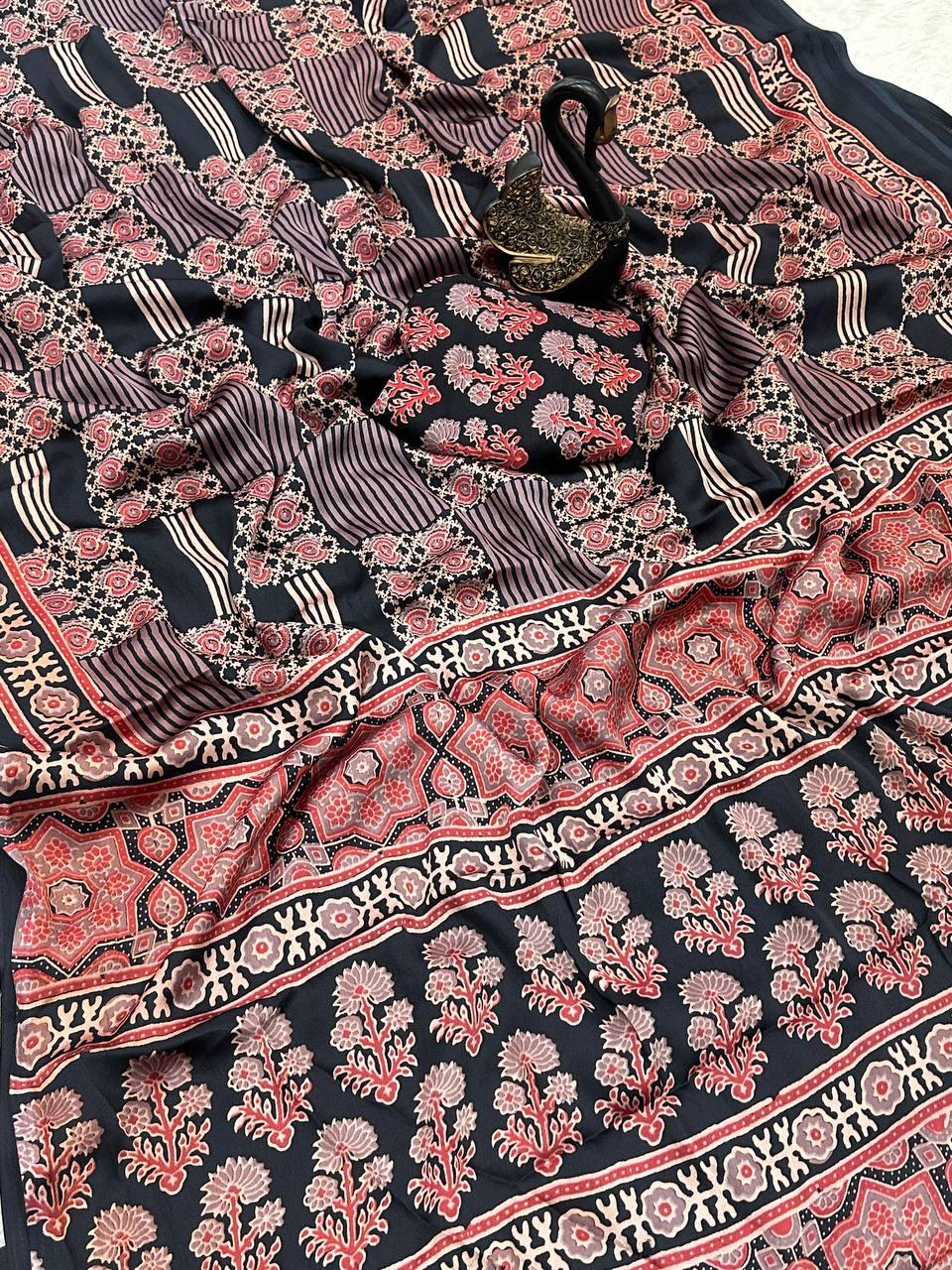 Evocative Black Ajrakh Printed Gajji Soft Silk Saree With Posh Blouse Piece