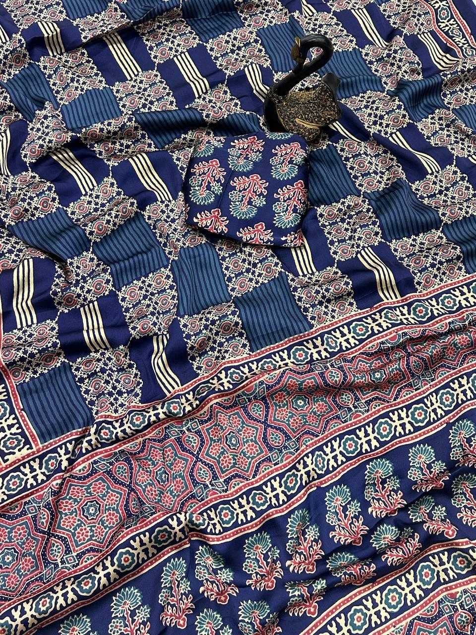 Seraphic Navy Blue Ajrakh Printed Gajji Soft Silk Saree With Snazzy Blouse Piece