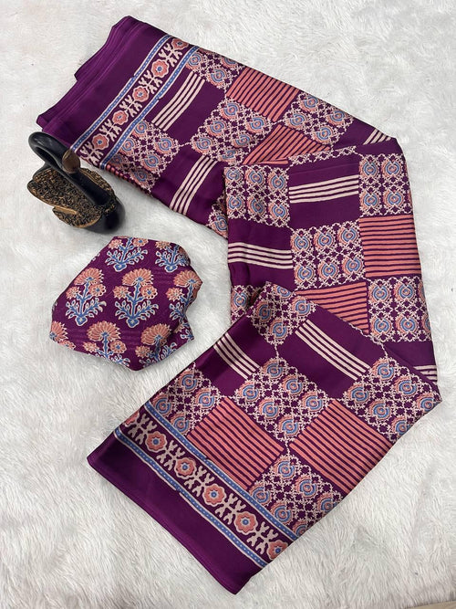 Panoply Purple Ajrakh Printed Gajji Soft Silk Saree With Resplendent Blouse Piece