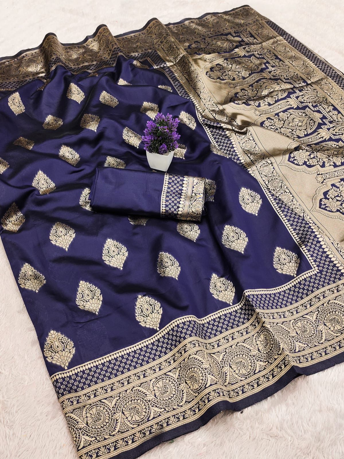 Precious Navy Blue Soft Silk Saree With Unique Blouse Piece