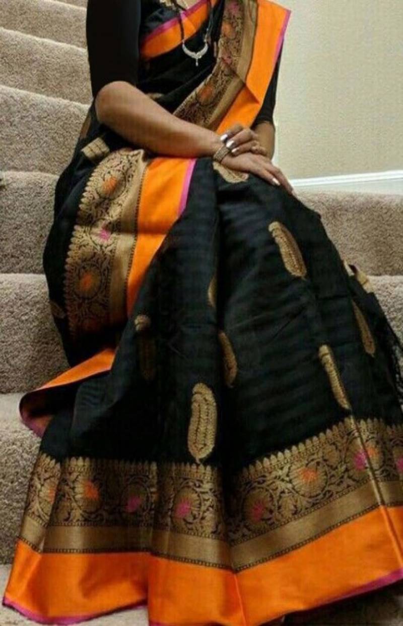 Ethnic Black Faux Silk Woven Zari Work Saree With Blouse Piece Set