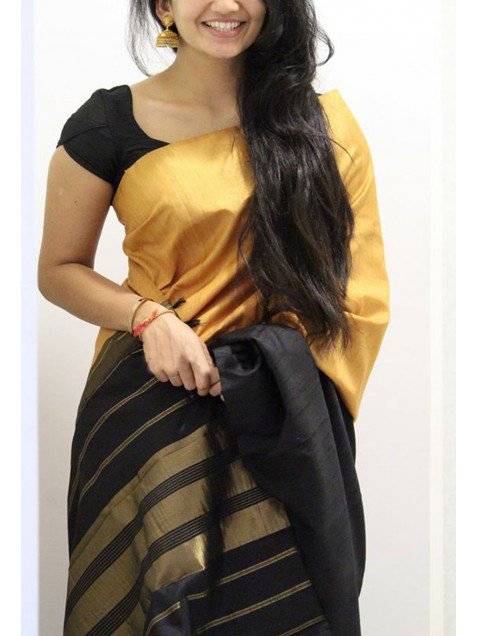 Ethnic Golden Faux Silk Woven Zari Work Saree With Blouse Piece Set