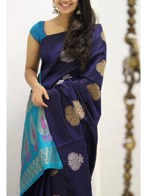 Ethnic Blue Faux Silk Woven Zari Work Saree With Blouse Piece Set