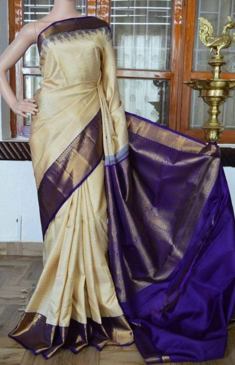 Delightful cream n Blue Faux Silk Party Wear Saree For Women With Blouse Piece