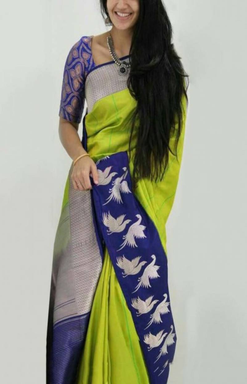 Parrot Green And Blue Color Party Wear Faux Silk Saree With Blouse Piece