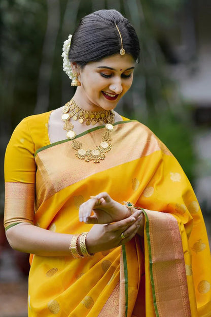 Elegant Yellow Silk Saree with Green Border Saree
