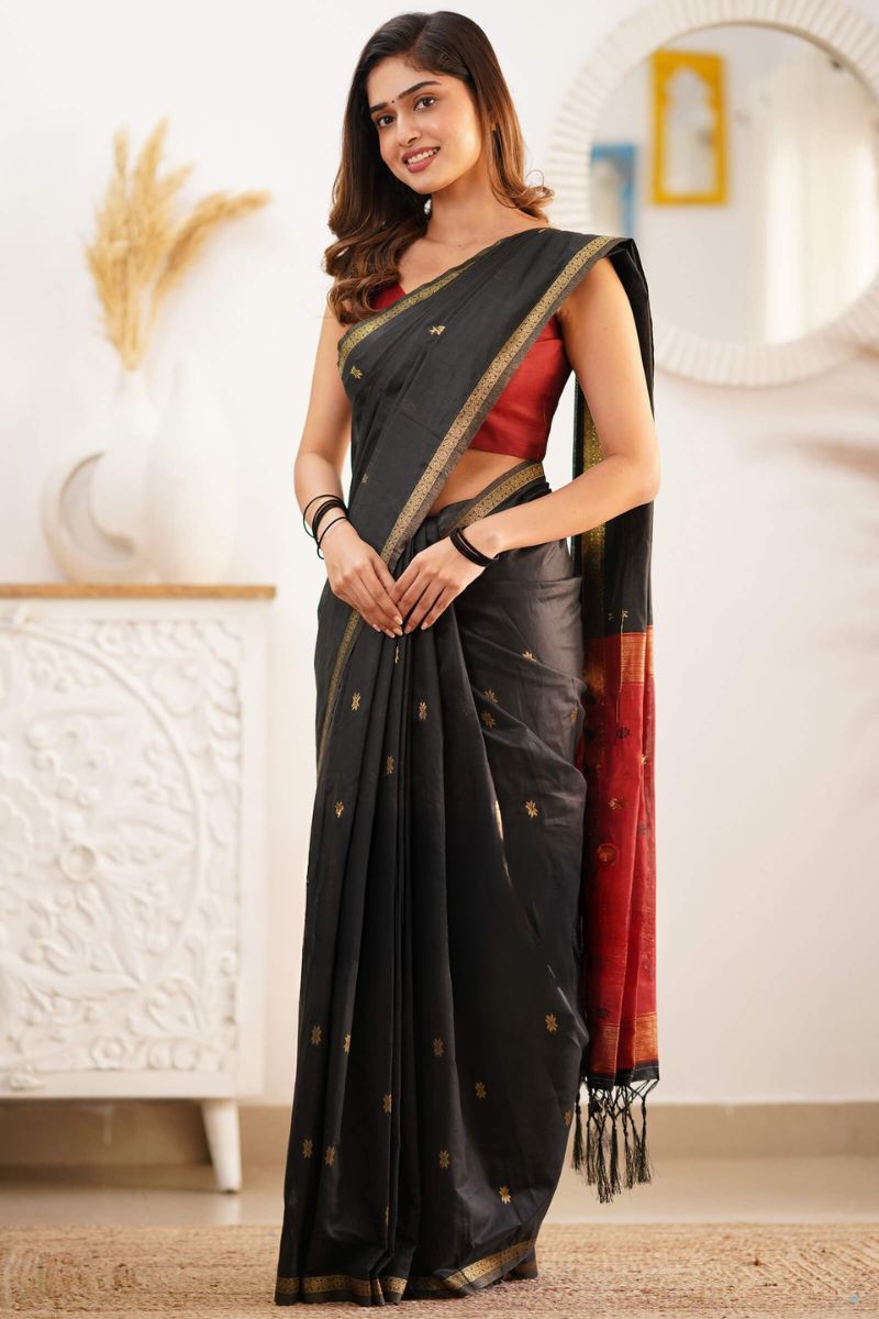 Trendy Black Cotton Silk Saree With Marvellous Blouse Piece
