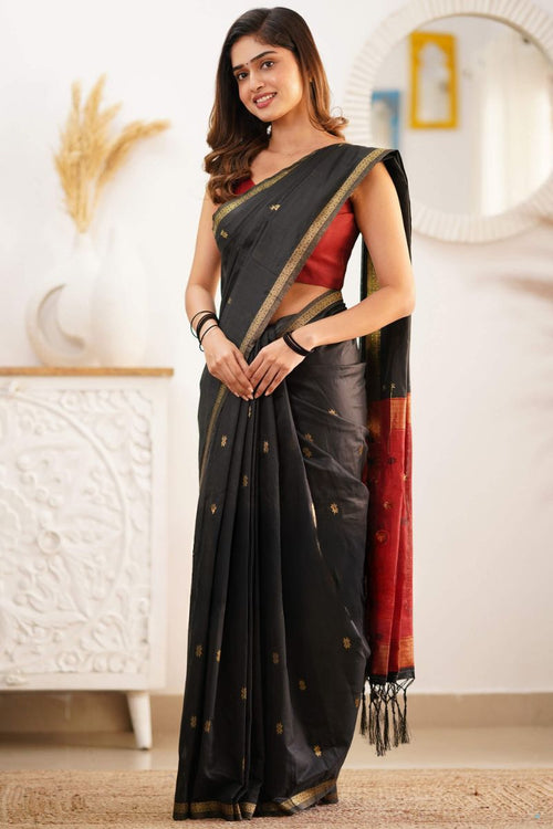 Trendy Black Cotton Silk Saree With Marvellous Blouse Piece
