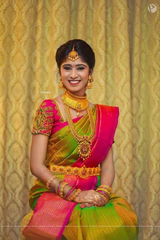 Mesmeric Green And Pink Color Classy Faux Silk Saree With Blouse Piece For Women