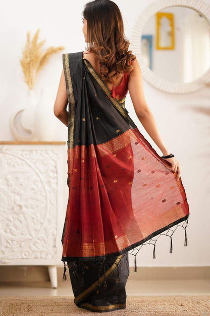 Trendy Black Cotton Silk Saree With Marvellous Blouse Piece