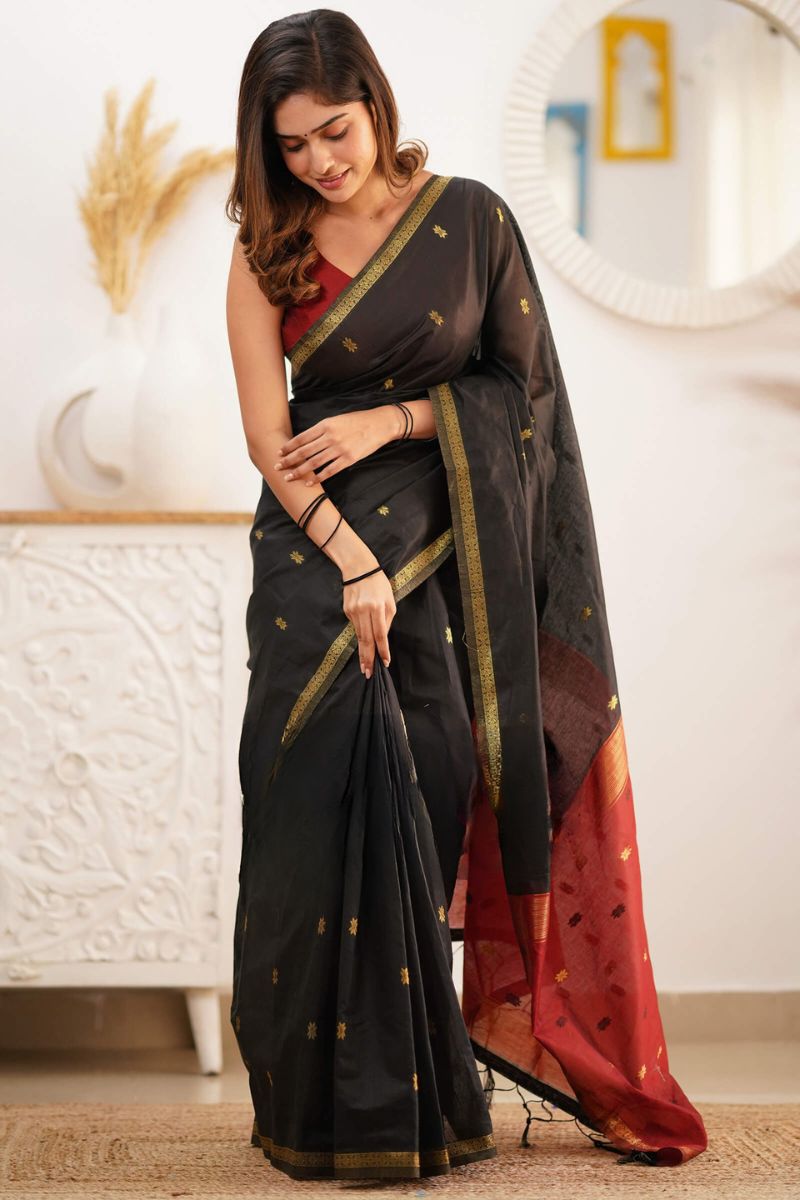 Trendy Black Cotton Silk Saree With Marvellous Blouse Piece