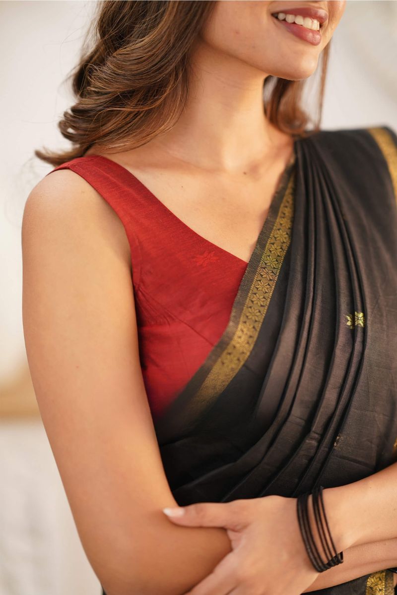 Trendy Black Cotton Silk Saree With Marvellous Blouse Piece